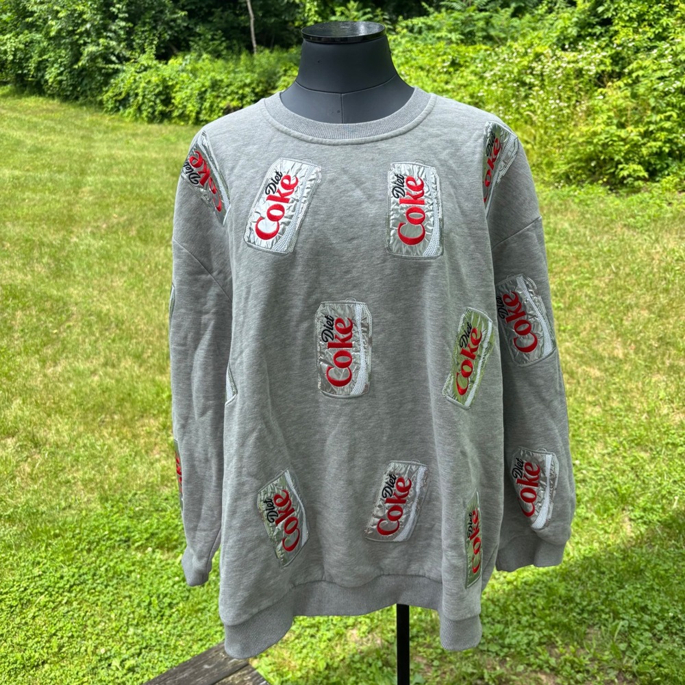 Women's Large QUEEN OF SPARKLES x Coca Cola Diet Coke Gray Sequin Can Sweatshirt